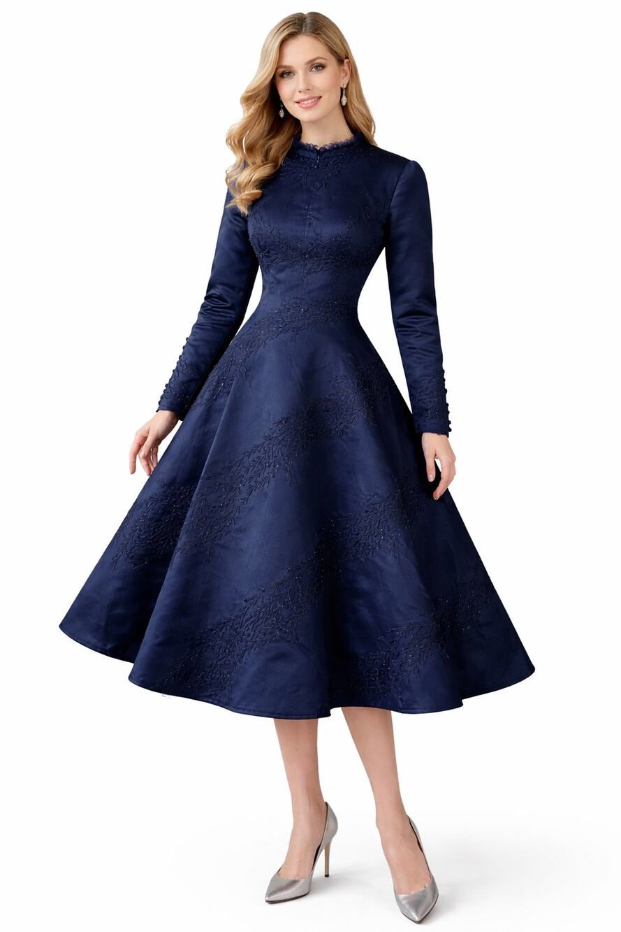 1980s Unbranded Navy Embroidered Beaded Satin Dress Fit & Flare Formal Large